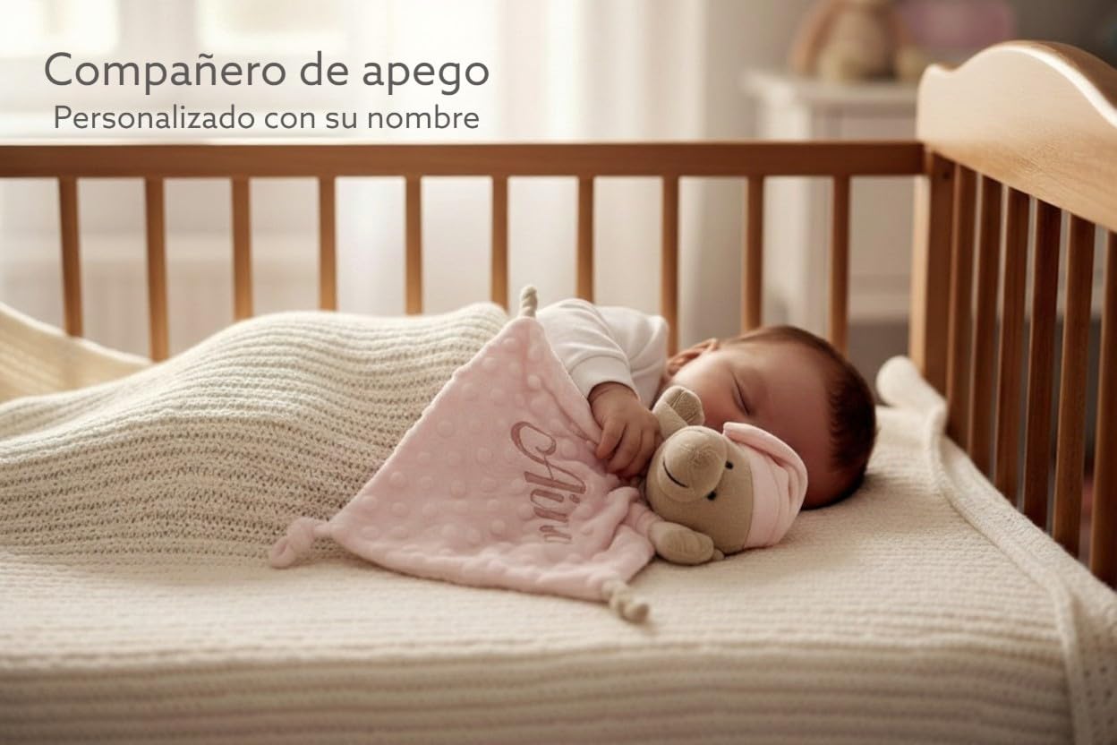 Danielstore Doudou Bebé Personalizado con Nombre Bordado, Mantita de Apego Suave Tacto Terciopelo 28x17 cm, Regalo Recién Nacido, Baby Shower, Bautizo (Osito)