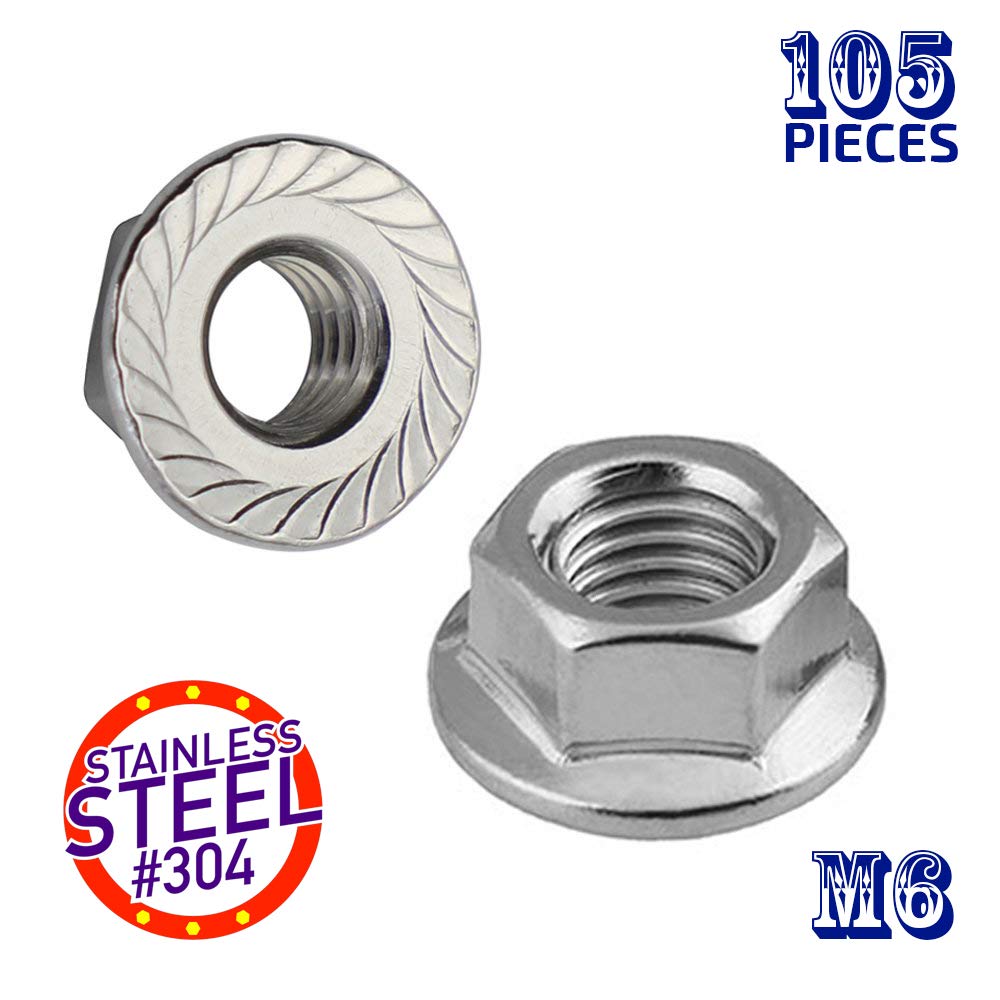 SBest 105Pcs M6 304 Stainless Steel Serrated Metric Flange Nuts Hex