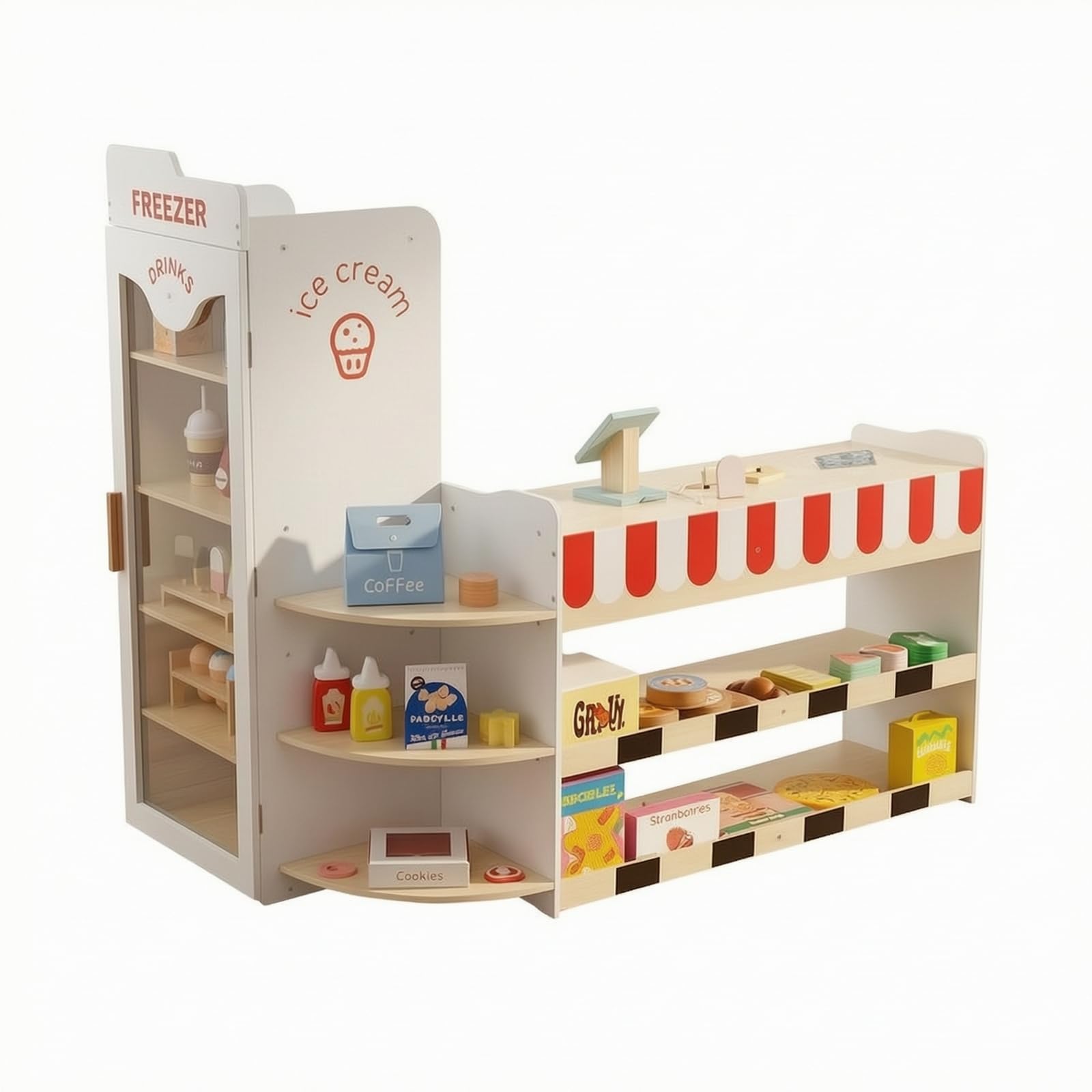 Hölzn Spielzeugladen mit Kühlschrank Viele Ablagefäch, SupSpielset, spielküche, für,