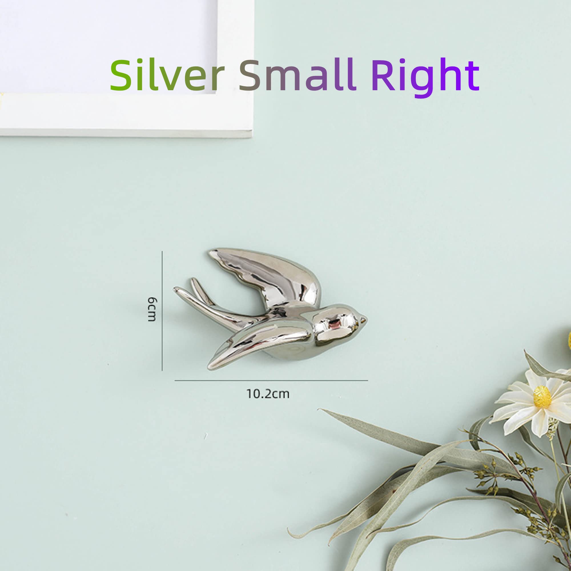Dekoracje ścienne 3D, Ceramiczna dekoracja ścienna 3D z jaskółkami i wróblami do salonu(Silver Right,16.5L x 12.5W cm)