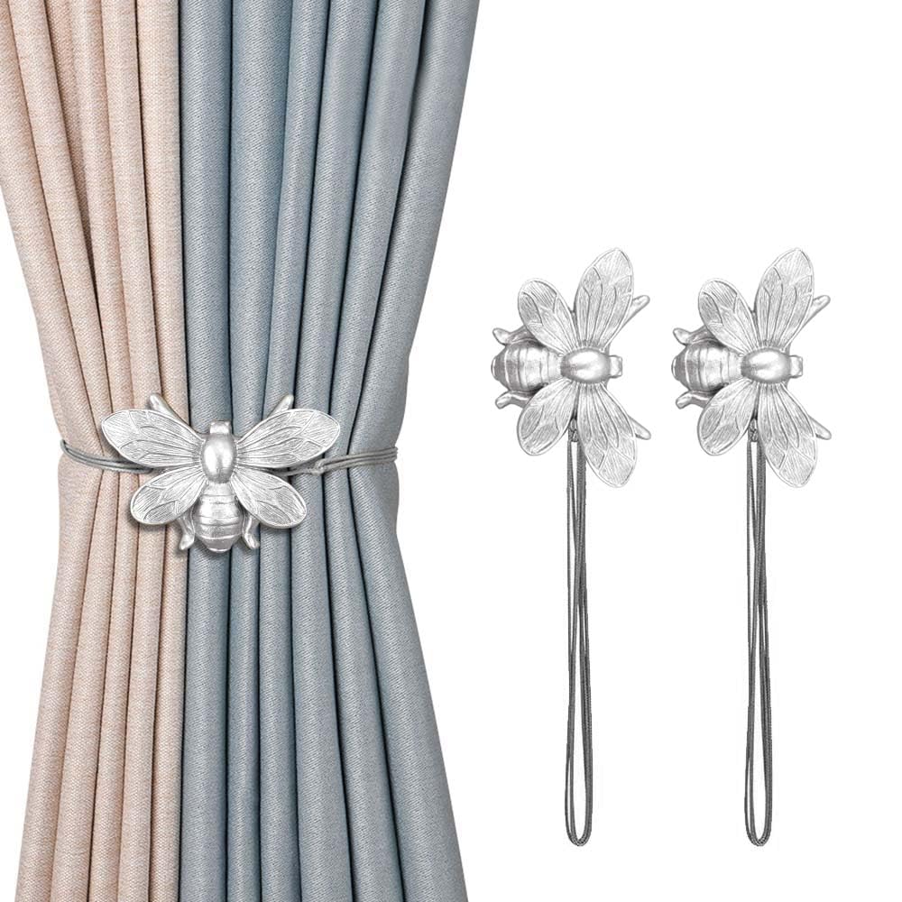 Curtain Holdbacks Set of 2, Gift, Resin Magnetic Curtain Tiebacks Silver Flying Bee Curtain Holders, Decorative Curtain Ties for Drapes, Outdoor Home