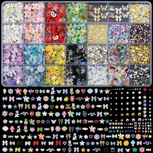 OPMADM 9000 Pcs 3D Nail Charms and Gems Bulk Y2k Cute Charms for Nails Design Kit 110 Styles Colorful Rhinestones Bows Butterfly Flower Star Beads Pearls Bubble