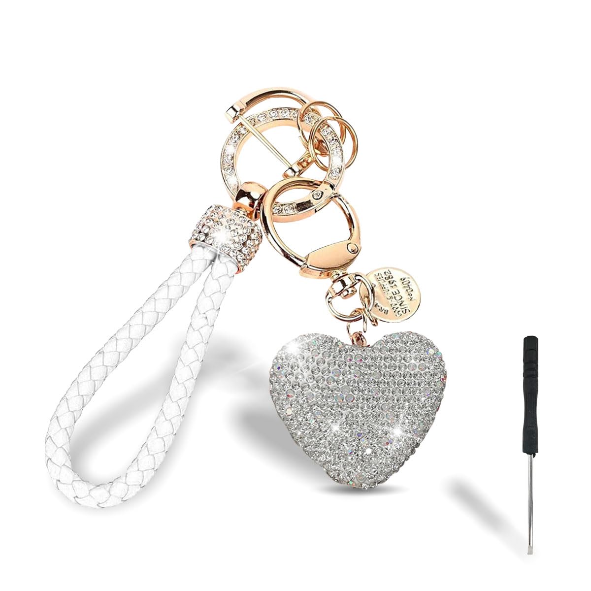 LAINLOY Sparkly Car Key Chain, Rhinestones Heart Shape Key Fob Holder for Women, Personalized Christmas Valentine's Day Presents (White)