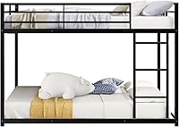 Vista 9 de INCLAKE Litera de tamaño matrimonial sobre matrimonial, base de cama de metal resistente con escalera integrada y riel de protección de seguridad