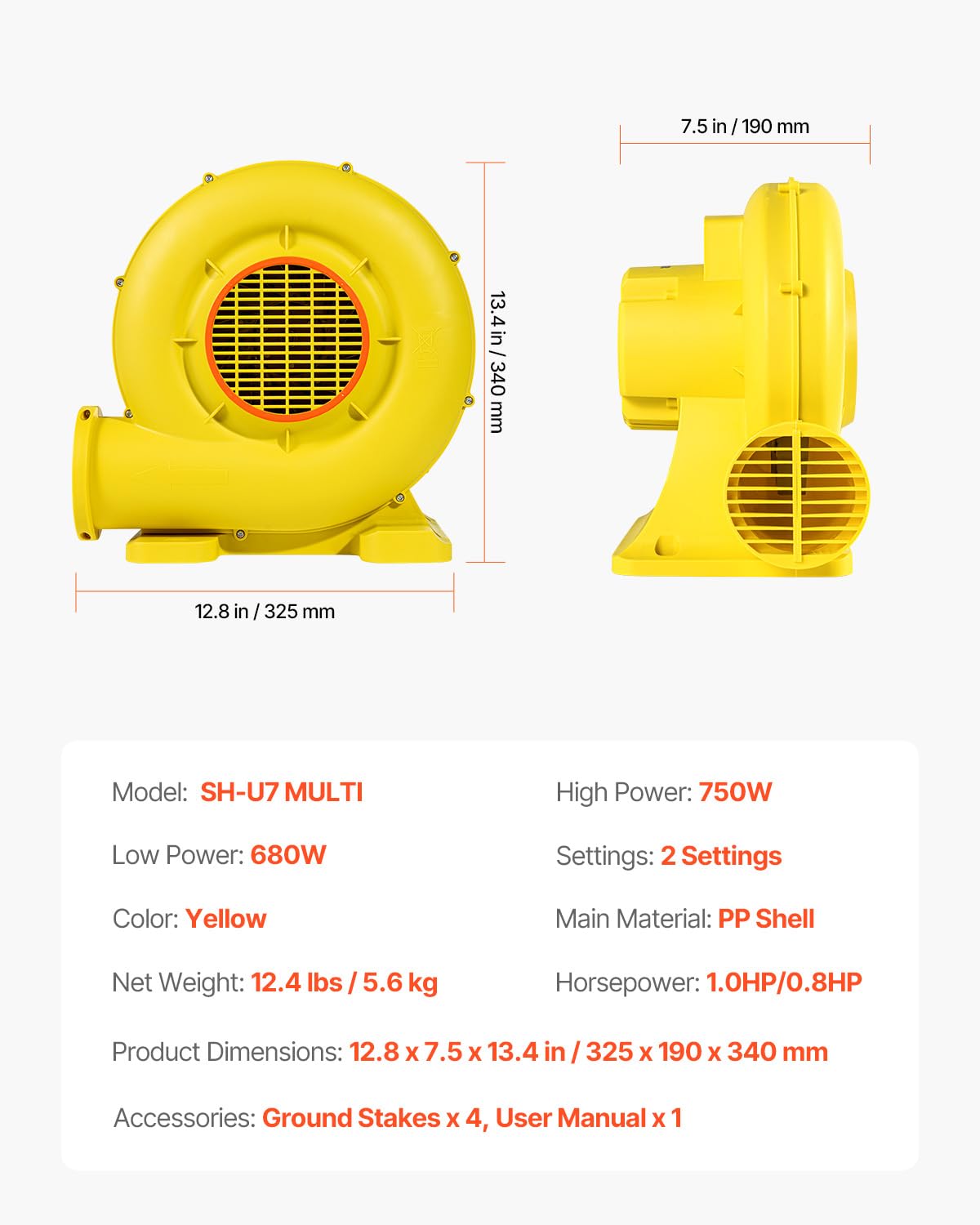 VEVOR Soplador de Aire para Castillos Inflables, 590 W y 690 W, 1,0 HP, Bomba Comercial, Ventilador Eléctrico 2750 RPM, Castillos Inflables, Toboganes de Agua, Amarillo, 360 x 230 x 370 mm