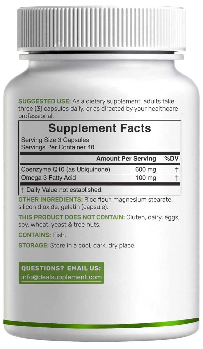 CoQ10 600mg, 120 Capsules – with Omega 3 Fatty Acid 100mg – Max Strength – Bioavailable Coenzyme Q10 Supplements – Heart, Energy, & Brain Health Antioxidant Support – Non-GMO — Amazon image 6