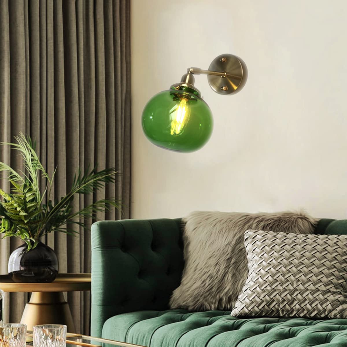 WXKAGF E27 Lampada da Parete per Interni Vintage Lampada da Parete in Vetro Verde Lampada da Parete in Ottone retrò con Paralume sferico Lampadario da Ristorante Illuminazione da Parete Regolabile