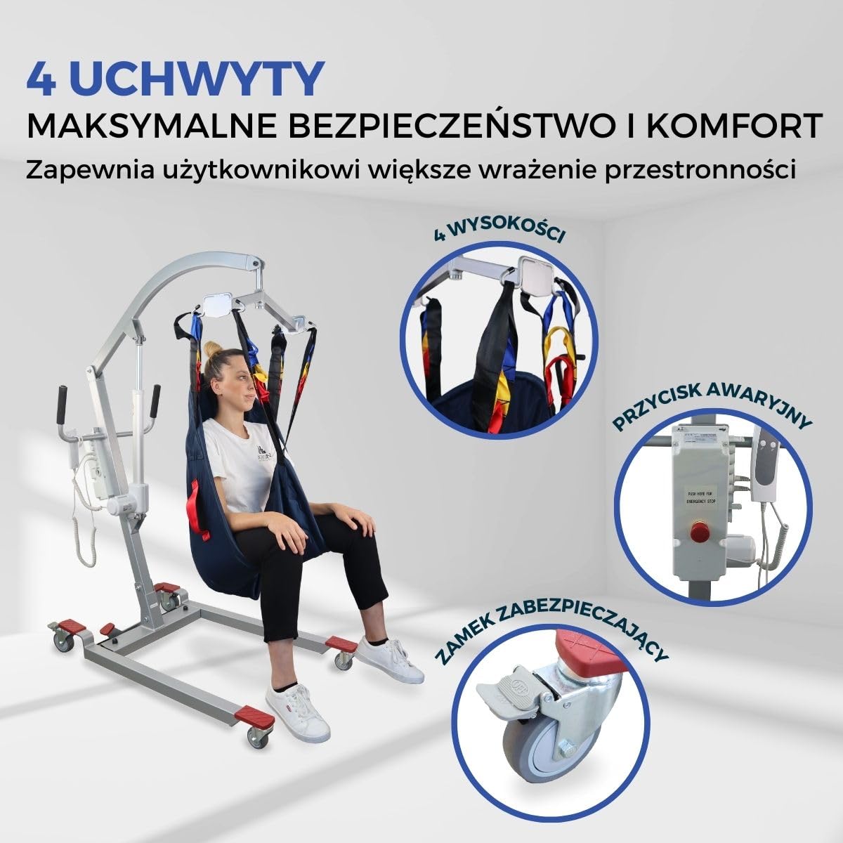 Mobiclinic®, Elektryczny Podnośnik Pacjenta dla Seniorów, do 180 kg, w Zestawie Uprząż do Przenoszenia, Regulowana Szerokość, Można Używać Podczas ładowania, Kółka z Hamulcami, Fortuna Basic
