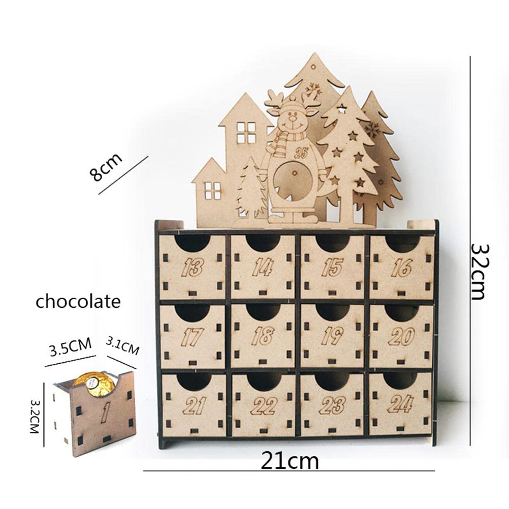 Calendario de Adviento de madera hecho a mano, cuenta regresiva de chocolate para Navidad, para niños, familia de Navidad reutilizable, color marrón