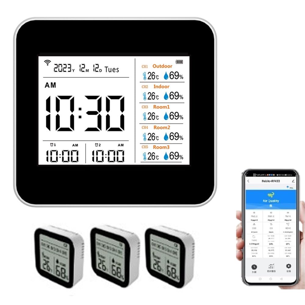 13-in-1-Tuya-WLAN-Intelligentes Thermometer-Hygrometer, präziser Temperatur- und Feuchtigkeitsmesser für den Innenbereich mit Zeit-/Kalender-/Alarmanzeige, unterstützt Remote-App-Steuerung für das