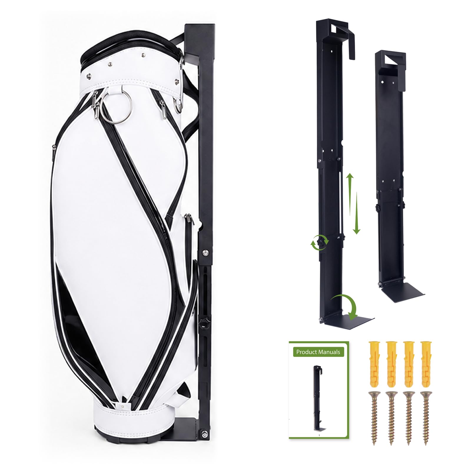 Wall Mount Golf Bag Stand,42.5”H*4.33”L,Storage Organizer for Golfing Clubs＆Bags,Air Spring Sliding SystemSpace Saving,Adjustable Height,Easily Install,Black