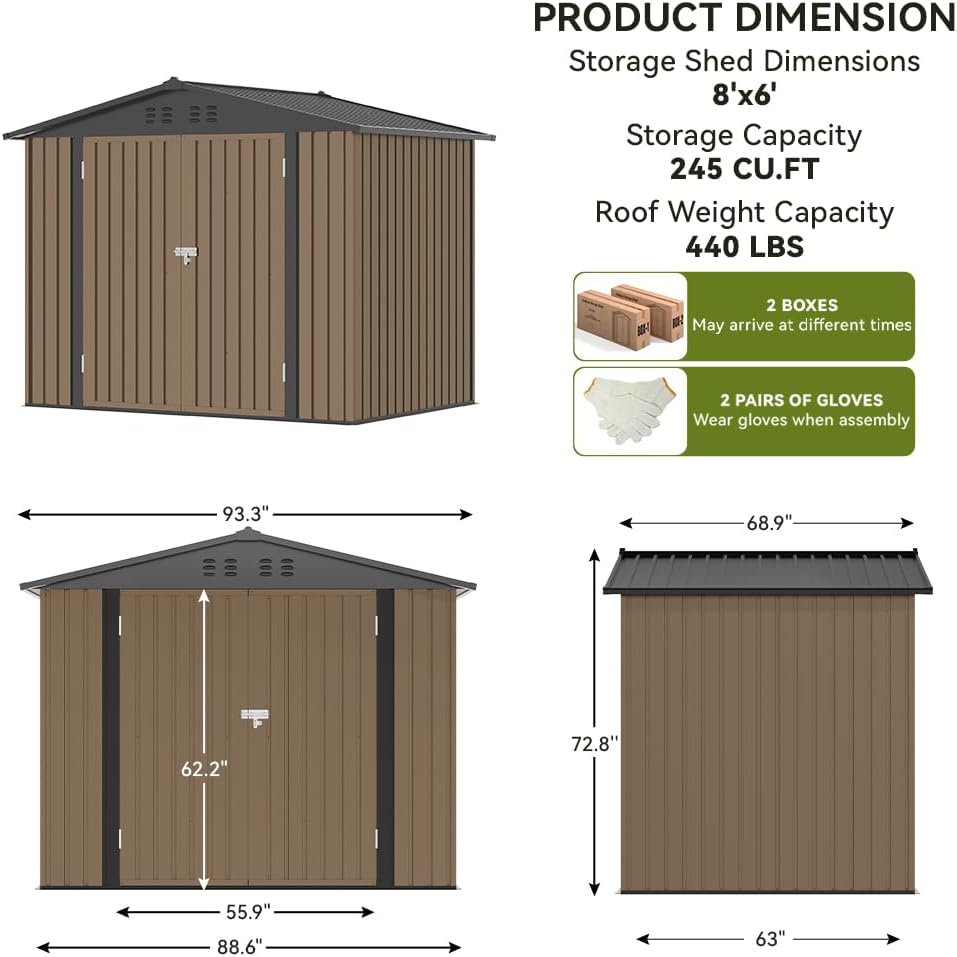 COMHOMA Shed Outdoor Storage Shed Metal,Lockable Doors Tool Sheds with Sloping Roof,Steel Garden Shed with Air Vent for Backyard,Patio,Lawn,Poolside(Brown,8'x6')