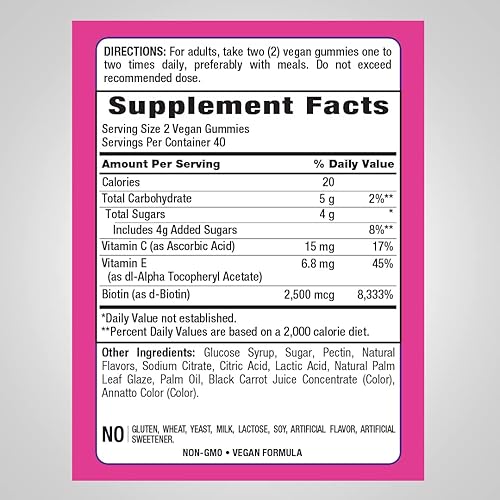 Miniatura 2 de Piping Rock Vitaminas para la piel y las uñas  80 gomitas  Sabor a fruta con biotina  Sin OMG, sin gluten