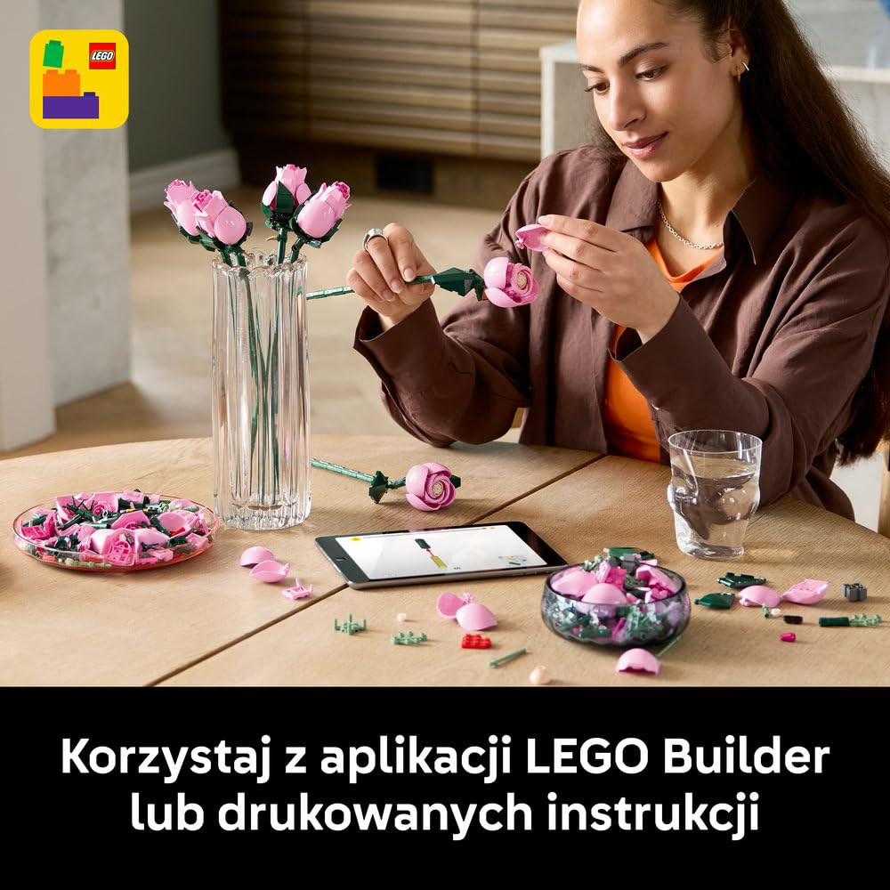LEGO Botanicals Bukiet różowych róż, sztuczne kwiaty do zbudowania, pomysł na prezent na Dzień Matki, walentynki lub urodziny, dla kobiet i mężczyzn, kwiatowa dekoracja do domu i biura 10374