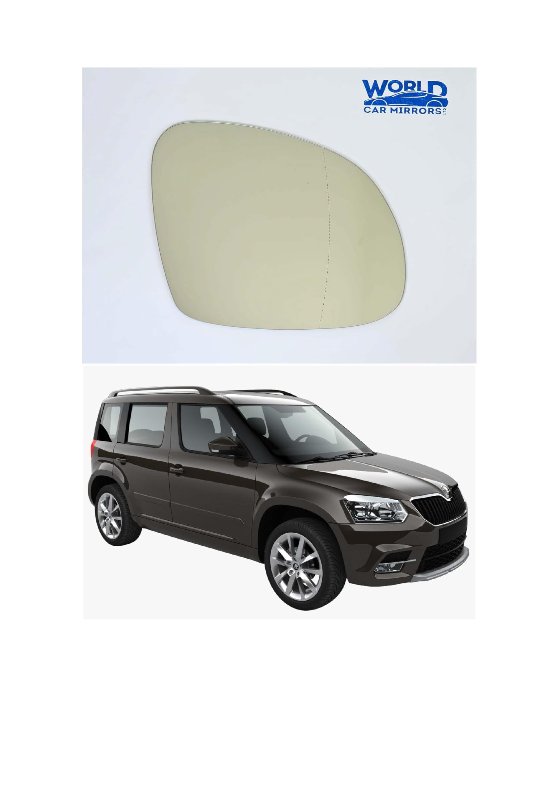 World Car Mirrors Replacement Door Wing Mirror glass to fit SKODA YETI 2009-2020, stick on glass, RIGHT