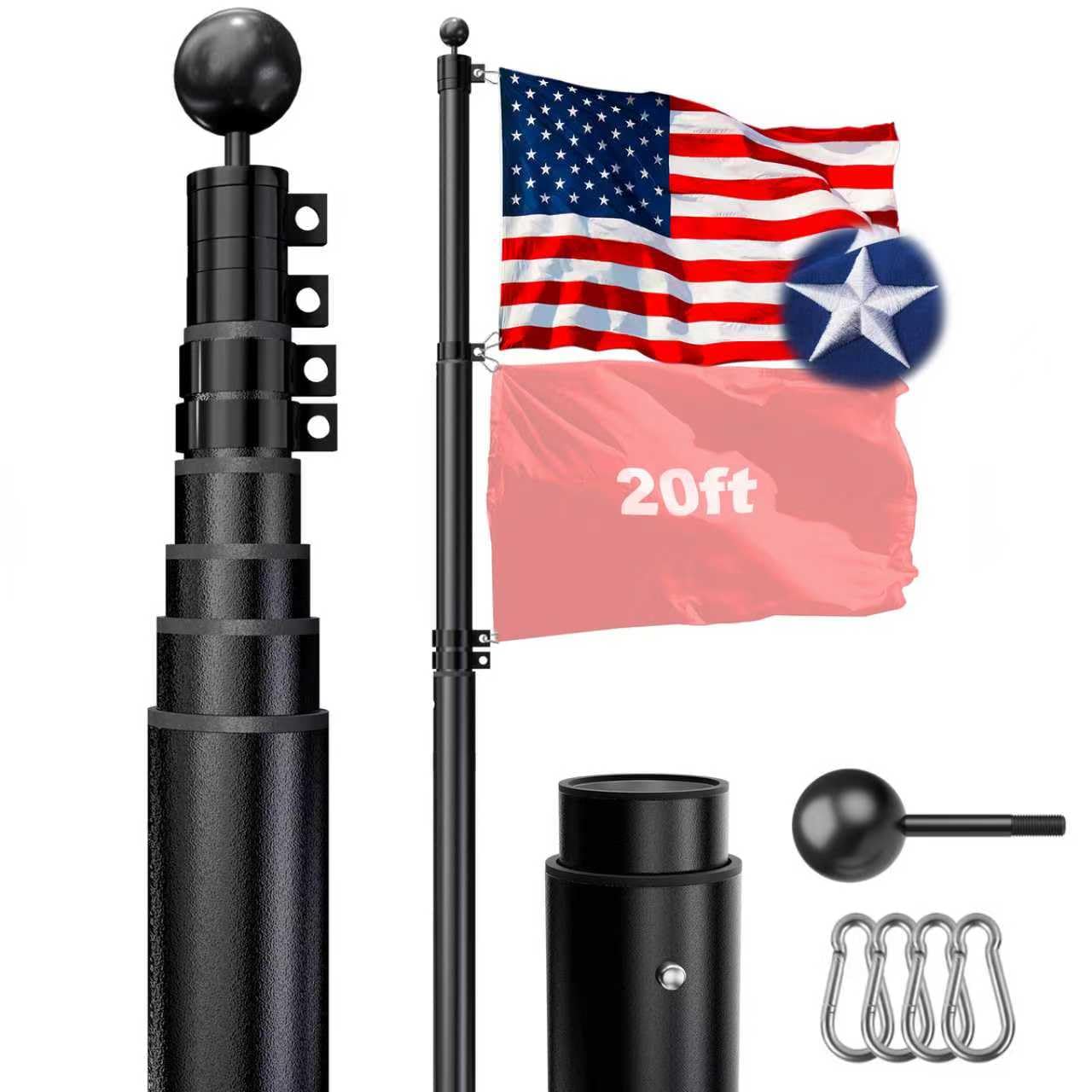 Photo 1 of HAYOHRT 20FT Telescopic Flag Pole 12 Gauge Extra Thick Telescoping Flagpole with 3x5 American Flag Can Fly 2 Flags for Outside House In Ground 100MPH Wind Tested Freedom Edition Residential Pole