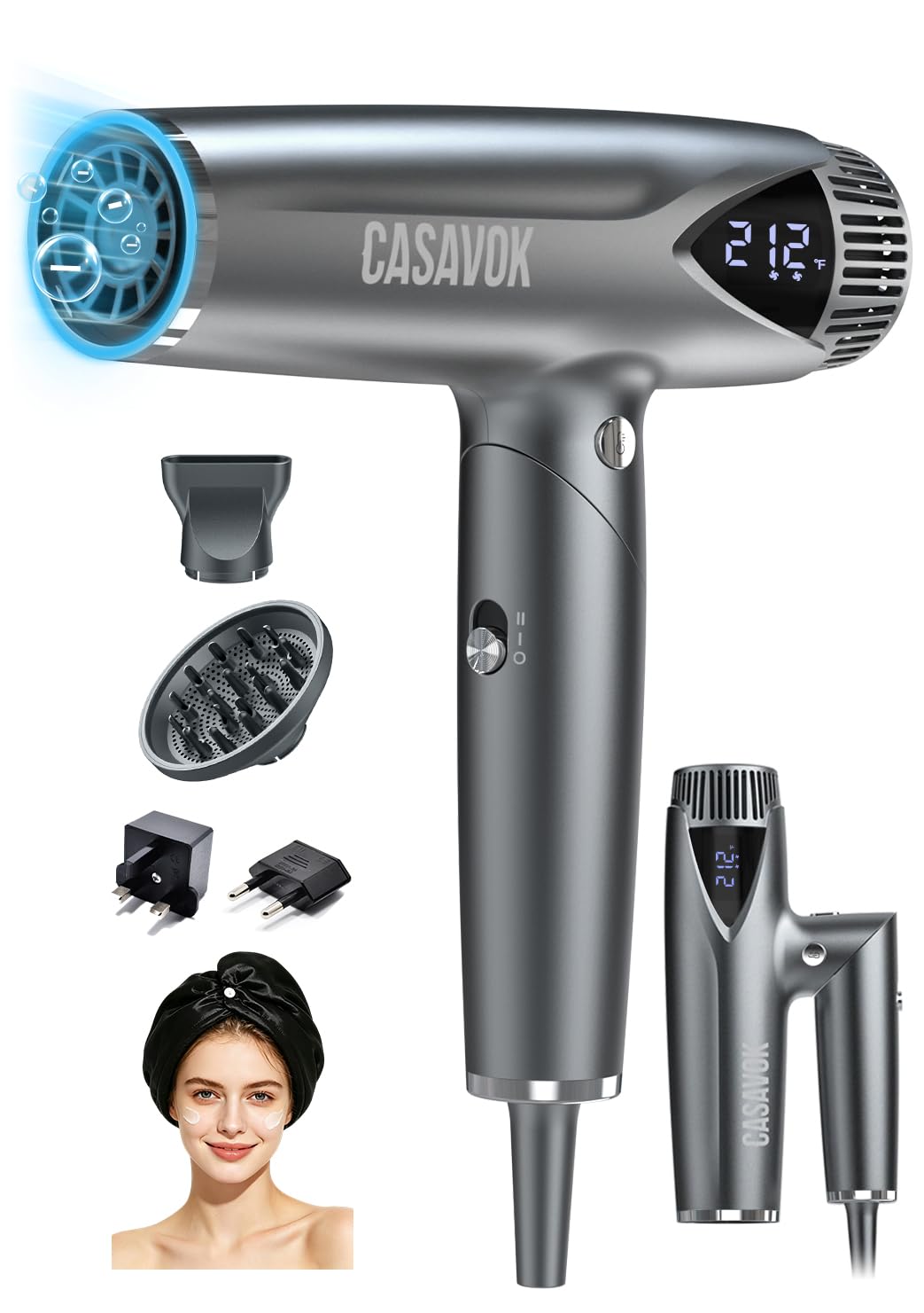 Dual Voltage Hair Dryer for Travel,Foldable Hair Dryer with Diffuser Gery