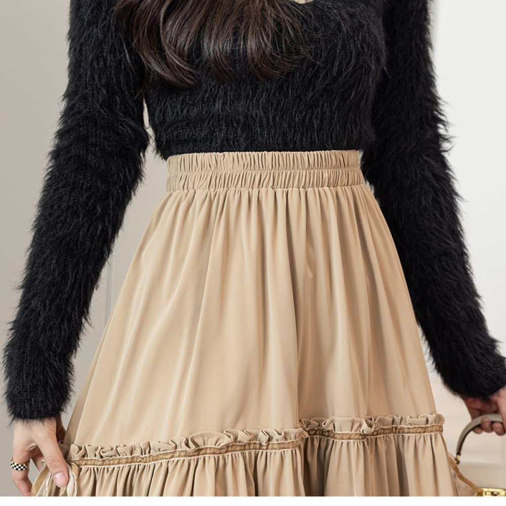 Gonna Lunga Invernale, Gonne per Le Donne Vita Elasticizzata Allacciatura Kaki Design Casual Gonna A Vita Alta A Trapezio Gonne Invernali Chic per Ragazze da Donna Gonna Ampia A Balze A Pendolo