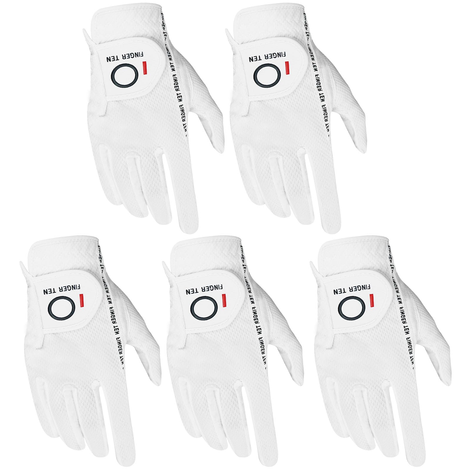 FINGER TEN Golf Gloves Men Left Hand Right Rain Grip Weathersof Value 5 Pack,Mens Golf Glove Wear Resistant Non Slip All Weather Soft Durable (White, M, Right)