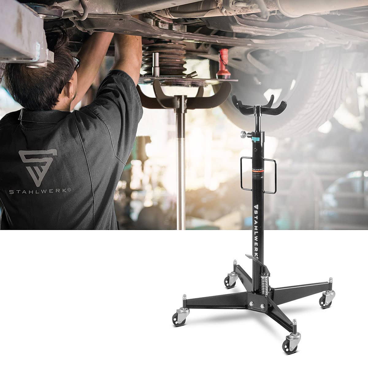 STAHLWERK Elevador de engranajes hidráulico TJ-500 ST, soporta hasta 500 kg, altura regulable de 113,5 cm - 187 cm, elevador de motor para montaje y desmontaje de transmisiones