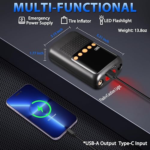 Miniatura 4 de Inflador de neumáticos, compresor de aire portátil, bomba de aire inalámbrica 2 veces más rápida para automóvil, inflador de neumáticos recargable