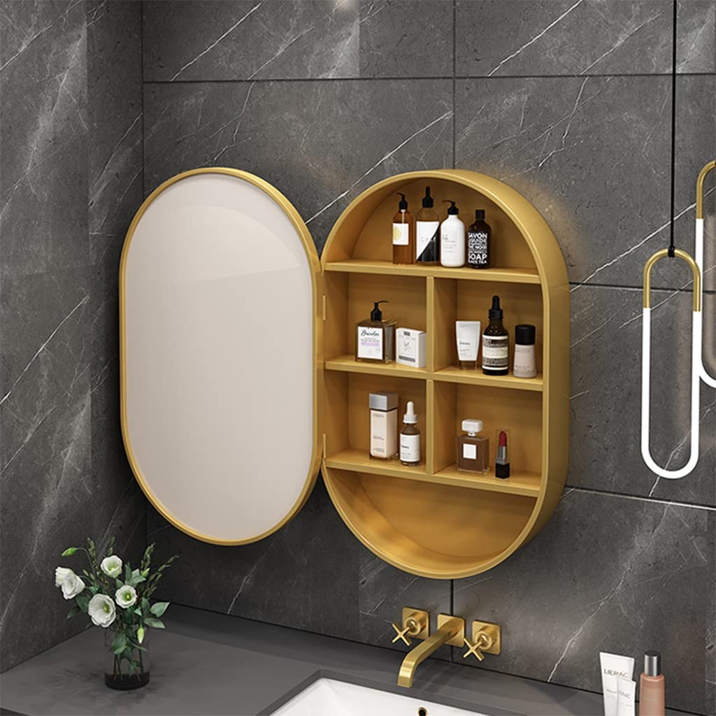 Armoires Miroir De Salle De Bain Ovale Miroir en Bois Fixée Au Mur Miroir De Maquillage De Toilette avec Support De Rangement De Rangement De Salle De Bain