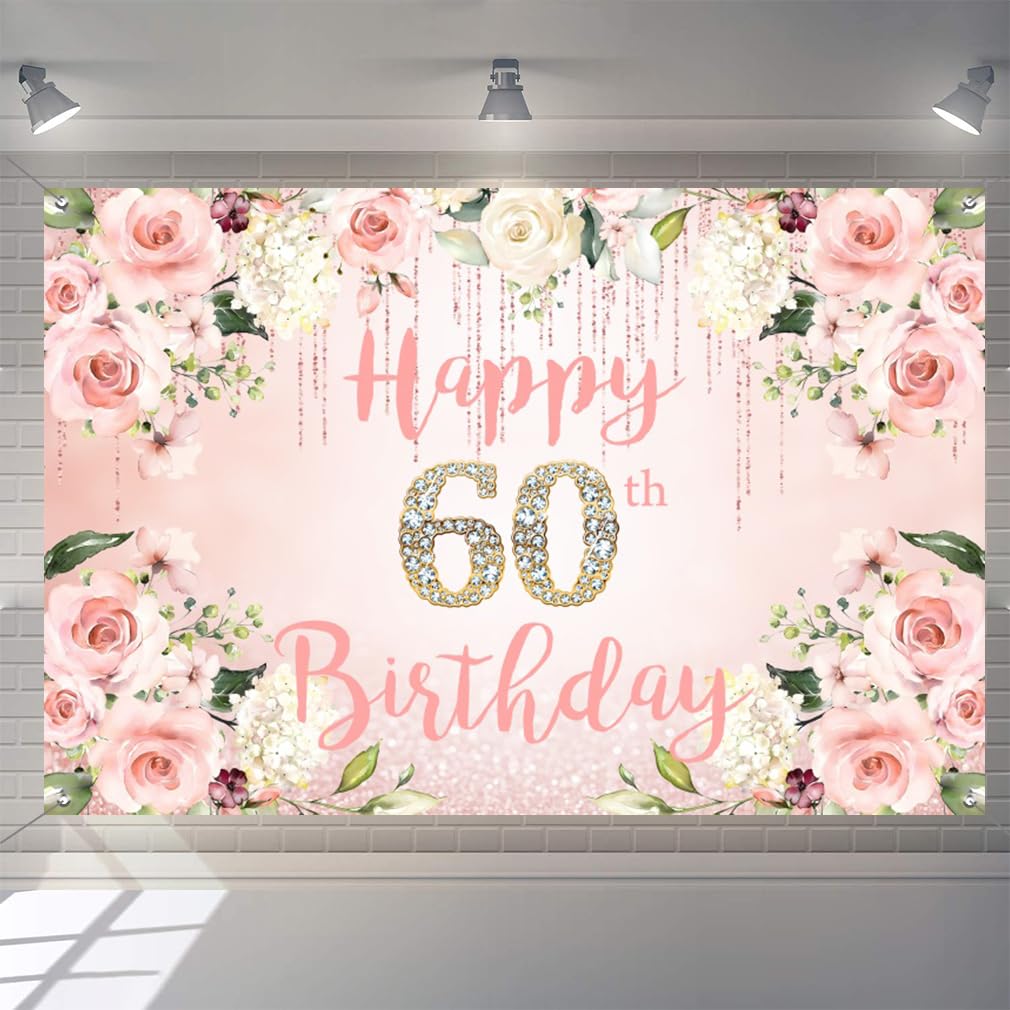 60th Birthday Decoration for Women, 60 Years Old Fabric Sign Poster Background Backdrop Banner, 60th Birthday Party Wall Decoration Welcome Sign Watercolor Flowers, 150 cm x 90 cm