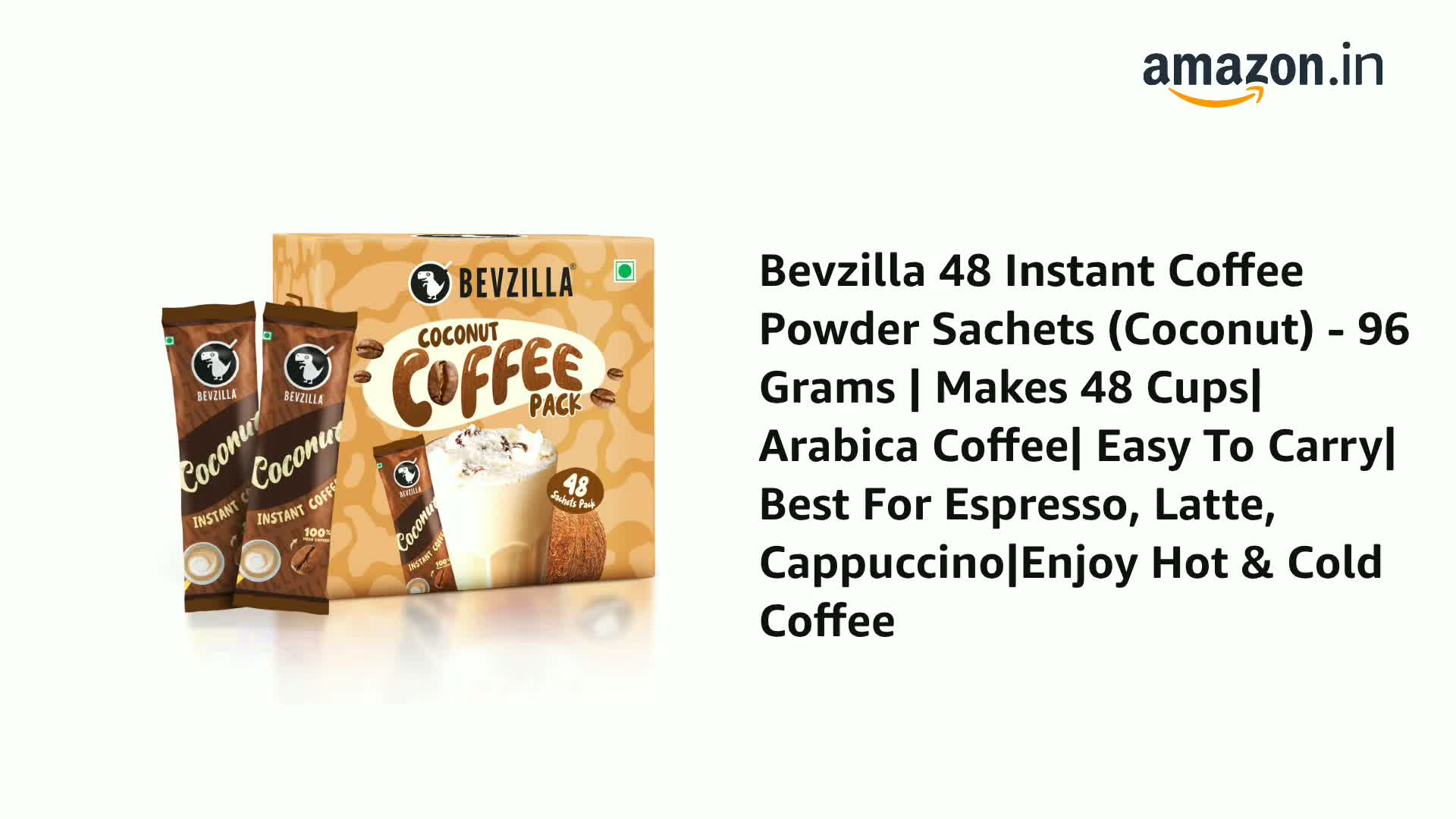 Bevzilla 48 Instant Coffee Powder Sachets (Coconut) - 96 Grams