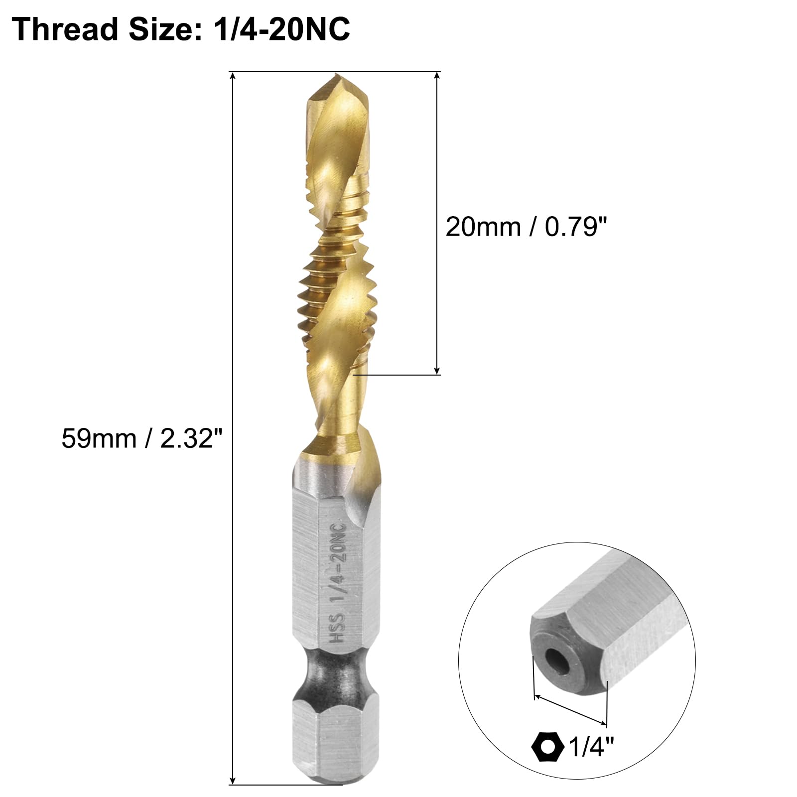 Punta combinata per trapano e maschiatore, filettatura SAE 1/4-20NC, gambo esagonale da 1/4", maschi per filettatura rivestiti in titanio, utensile per maschiatura a spirale, acciaio rapido (HSS) 4