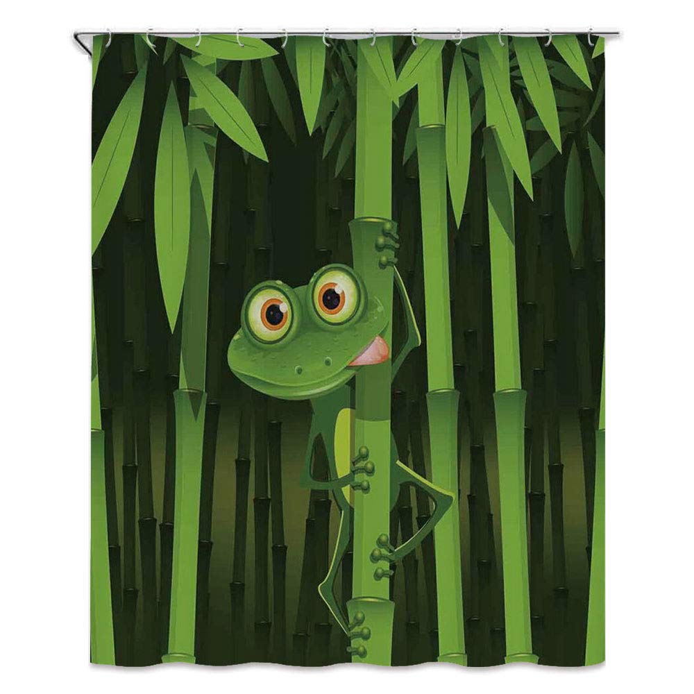 Amazon 動物の装飾 シャワーカーテン 180 X 180cm 竹のジャングルの木の幹に優しい楽しいカエルの面白いイラストかわいい自然プリント バスルーム カーテン 防カビ 防水 洗面所 目隠し用 おしゃれ グリーン シャワーカーテン ホーム キッチン オンライン通販
