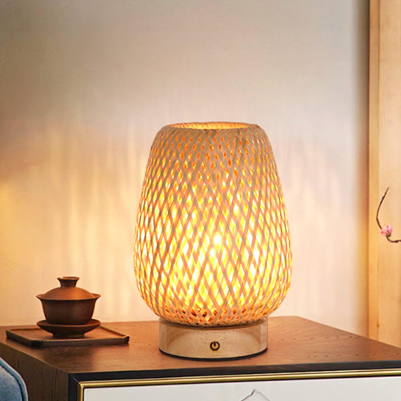 GUANSHAN Rechargeable Table Lamp Bamboo Woven Table Light Chinese Style Night Light Small Atmosphere Bedside Lamp Decorative Desk Lamp for Bedroom,Living Room