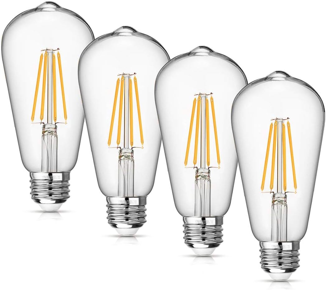 WAWUI LED Edison Bulbs Nondimmable, Vintage Style, 4W, 60W Equivalent, 500LM, E26 Medium Base, Soft White 2700K-3000K, ST64,Antique Vintage Style Light, Squirrel Cage Filament, Pack of 4