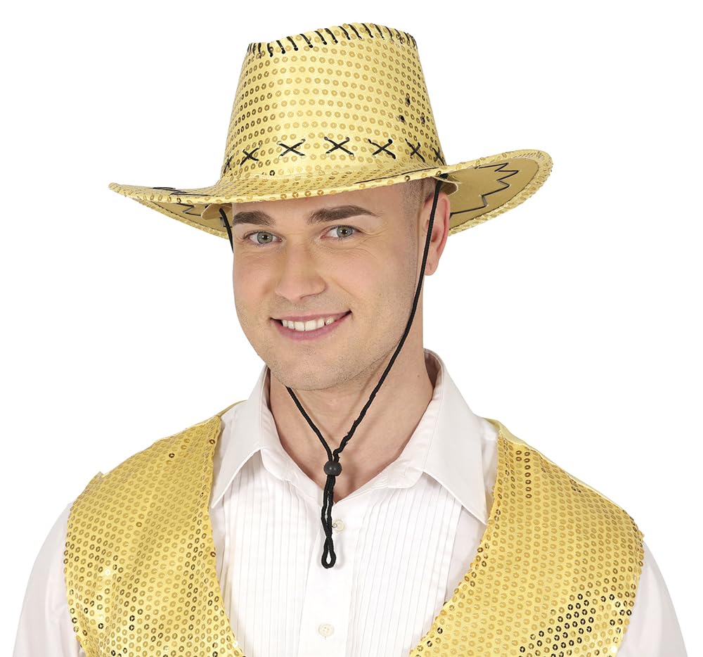 FIESTAS GUIRCA | Sequined Cowboy Hat (One Size) - Fancy Dress Accessory for Cowboy Parties and Stag Do's - Ideal for Unisex Adults - Gold