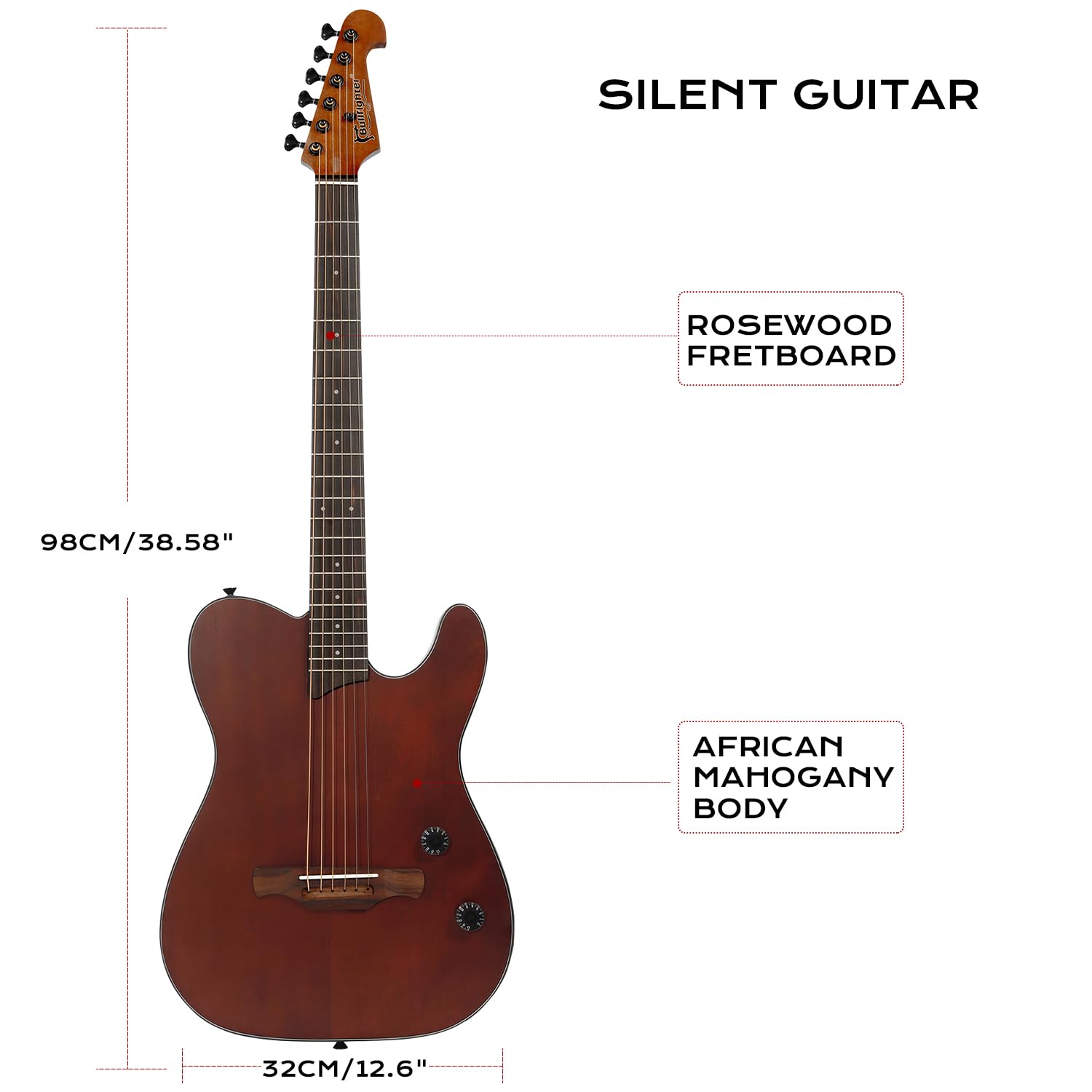 Chitarra Acustica Silenziosa Elettrica con Pickup Integrati, Portatile, Marrone