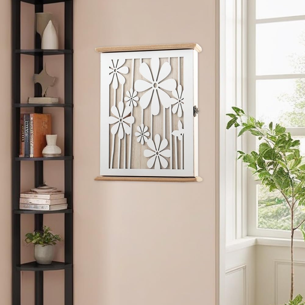 Cassetta Portachiavi in Legno Motivo a margherita Portachiavi Da Parete con 6 Ganci per Chiavi Cassetta Portachiavi Da Parete in Legno Per ingresso, Corridoio, Camera da letto, Soggiorno