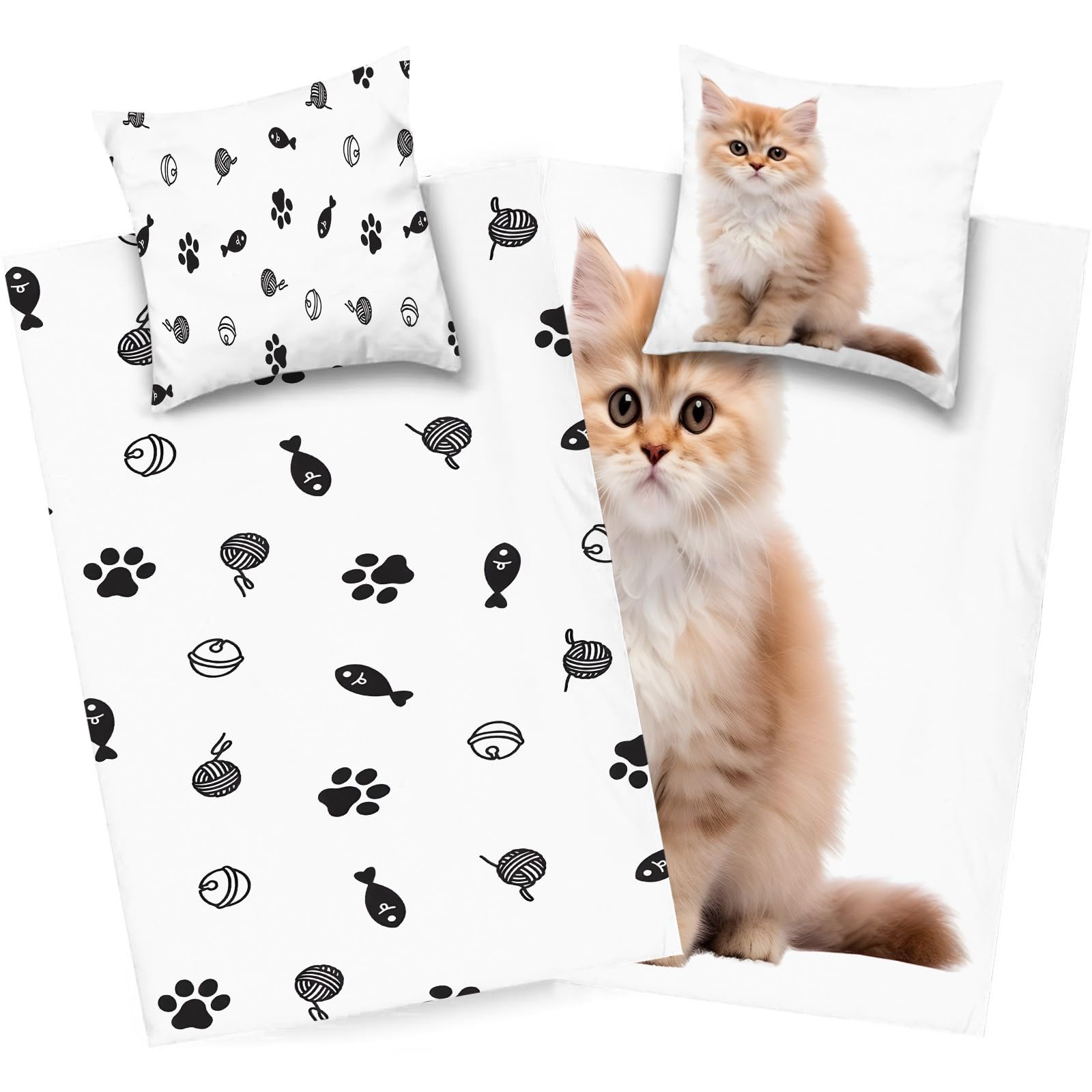 Housse de couette chat 240x260 en microfibre orange et blanc avec taies d'oreiller