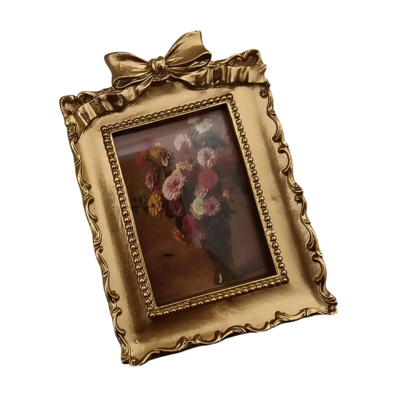 Decorative Resin Photo Frame Intricate Carved Bow Accent Golden Photo Frame for Wedding Portrait Display Resin Picture with Bowknot