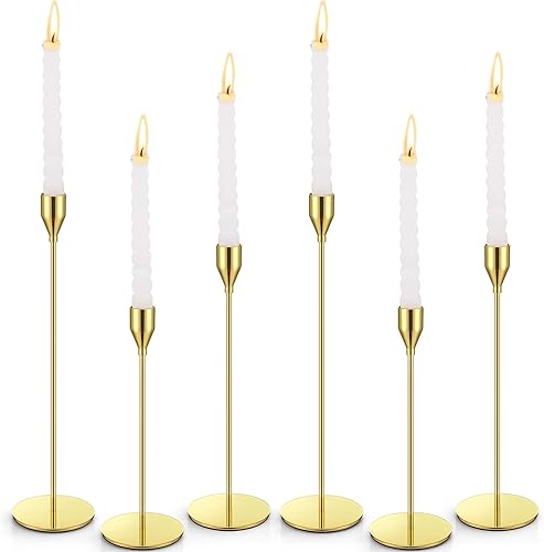 Dandat 2 juegos6 portavelas cónicos de metal dorado de Navidad, pilar de latón vintage, portavelas altos con etiquetas de papel, bayas y piñas,