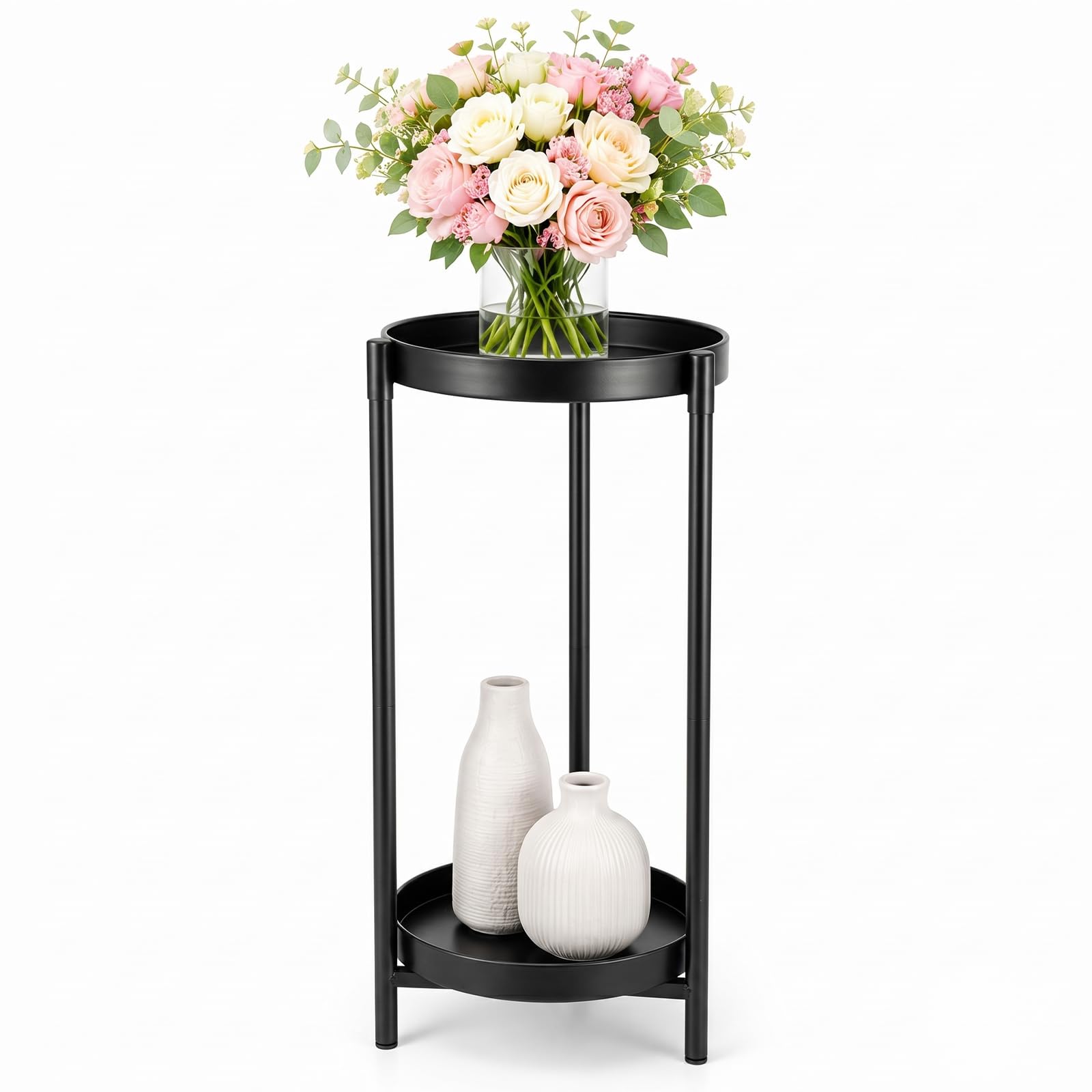EVERGOODS 30 Inch Tall Plant Stand Indoor, 2 Tier Metal Plant Stand with Marble Effect Shelves, Modern Square Plant Pot Holder for Living Room, Bedroom, Balcony & Corner Spaces (Black)
