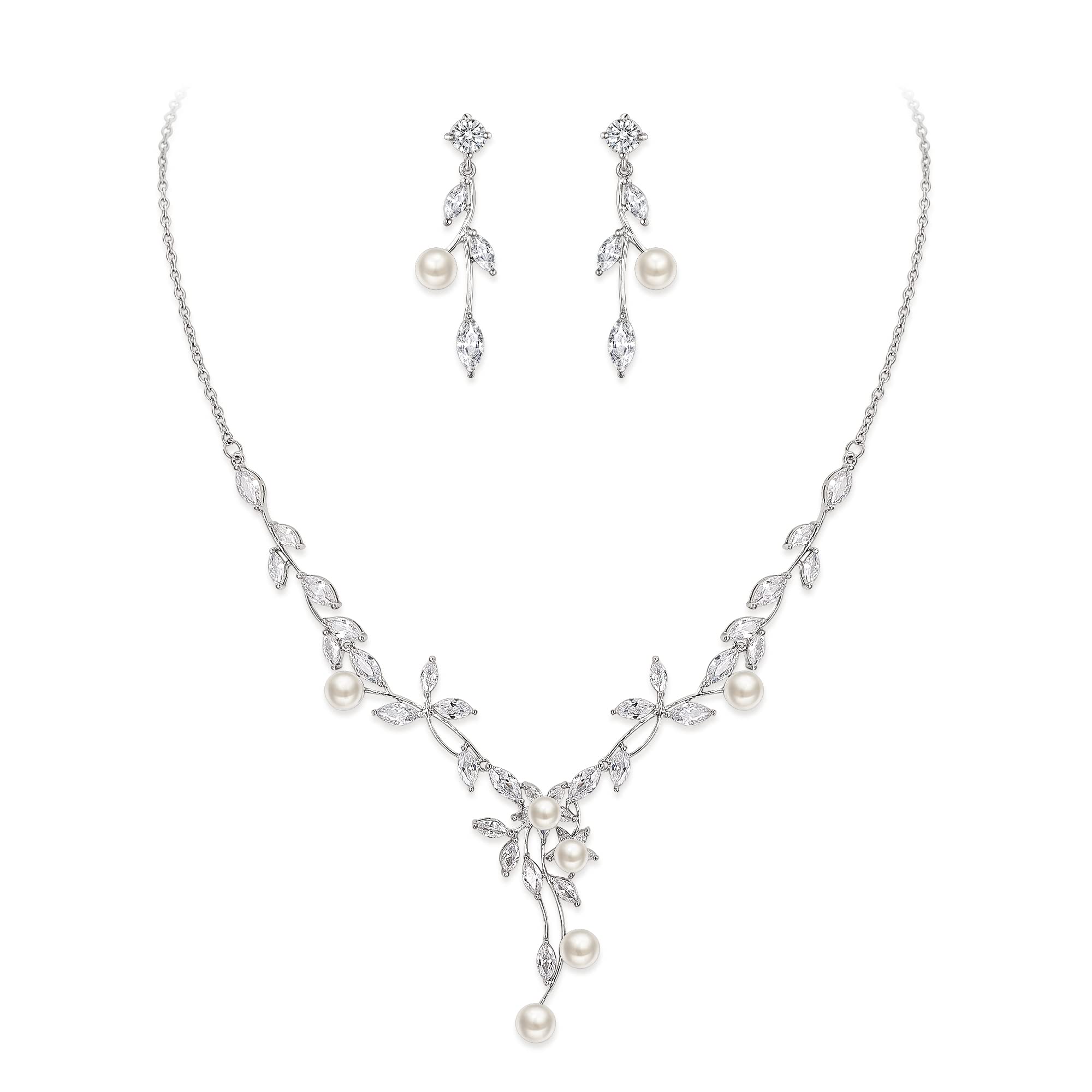 Juegos de joyas mujer con collar de perlas simuladas y pendientes largos de novia 7