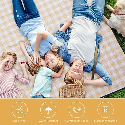 WILLOW WEAVE Picnic Blanket, 80\'\'x80\'\' Waterproof Outdoor Blankets, Picnic Mat Washable for Beach, Picnic Blankets for Camping on Grass with Shoulder Strap - Yellow & White