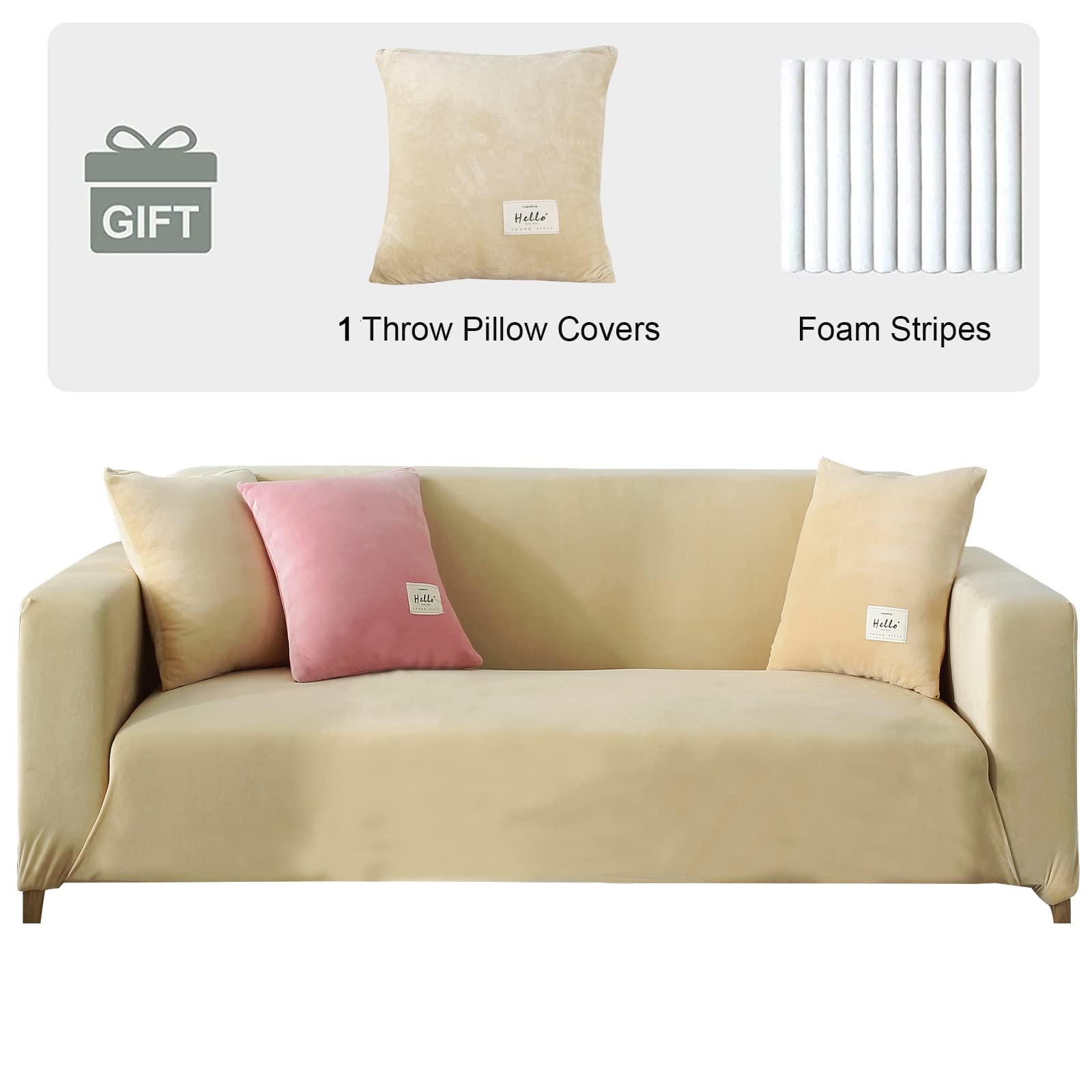 Funda de terciopelo para sofá de 3 plazas, suave, de alta elasticidad, antideslizante, funda de sofá de felpa con 1 funda de almohada para sala de estar (beige amarillo, 3 plazas para 180-230 cm)