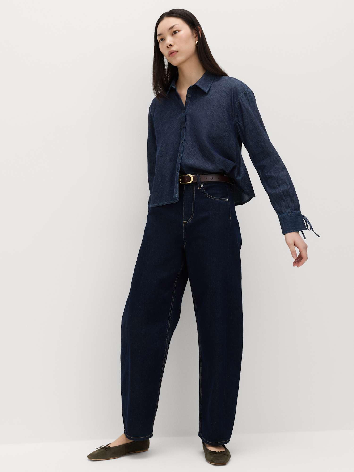 Marks & Spencer Chemise Denim Évasée à Lien Femme, Coupe Standard, Col, Épaules Tombantes