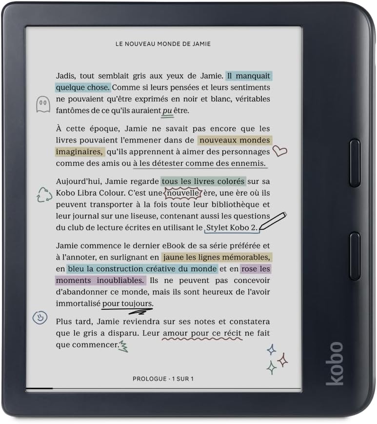 Kobo Libra Colour Black | Liseuse eBook Couleur | Écran Couleur E Ink Kaleido™ 3 sans Reflets de 7" | Option Mode Sombre | Étanche | Livres Audio | 32 Go de Stockage | Noir