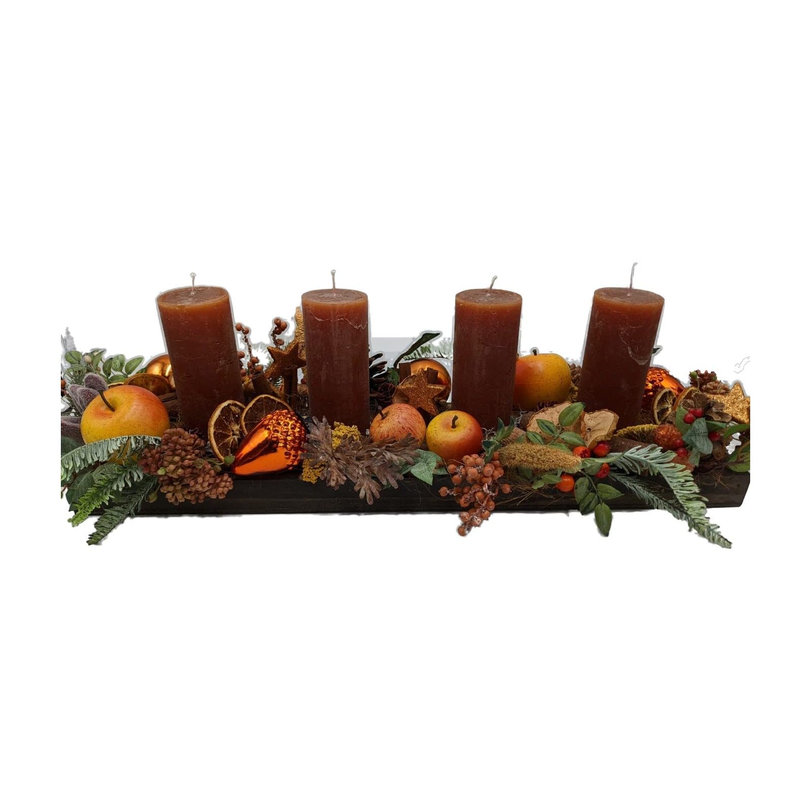 Weihnachtsgesteck Tischgesteck Apfel Orangenscheibe Zapfen Kerzen orange