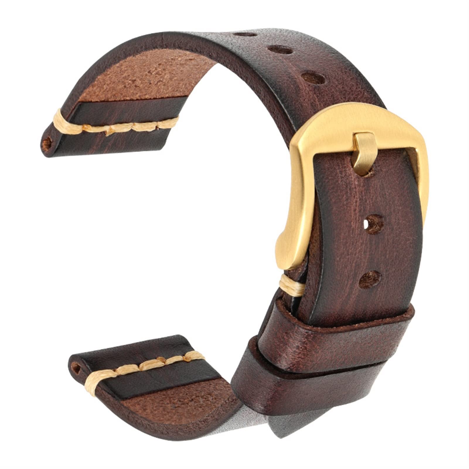 QTIANWMaikes Genuine Leather Watchband for Galaxy Watch Strap 20mm 22mm 24mm Watch Band Tissote Timex Omega Wrist Bracelets (20mm,Dark Brown-gold)