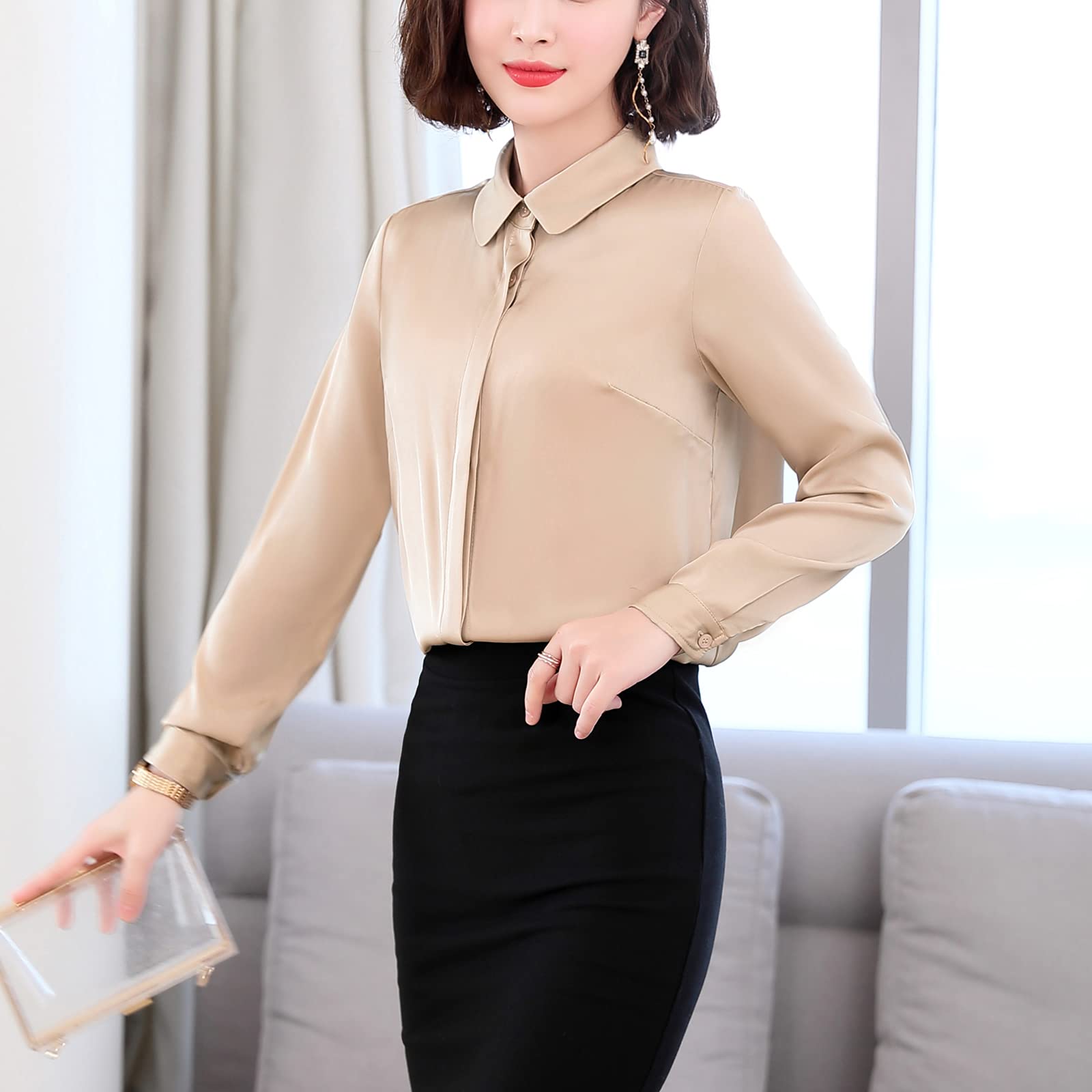 E-girl Blusa de seda para mujer Camisa Sólido Botón Abajo Camisas Blusa de Mujer Manga Larga Solapa Blusa de Seda,S1908