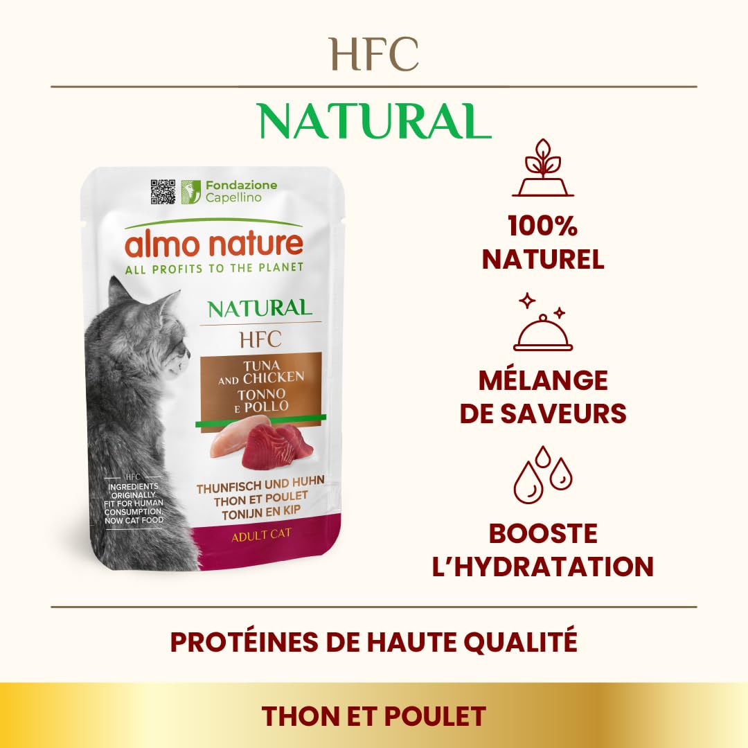 Almo Nature HFC Natural – Nourriture Humide pour Chats Adultes – Thon et Poulet – 55 g, Lot de 24 Sachets