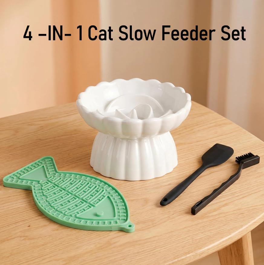4-in-1 Ceramic Cat Slow Feeder with Lick Mat, Raised Slow Feeder Cat Bowl, Cat Licking Pad with Suction Cups, Anti Vomiting and Whisker Friendly, Non-Toxic