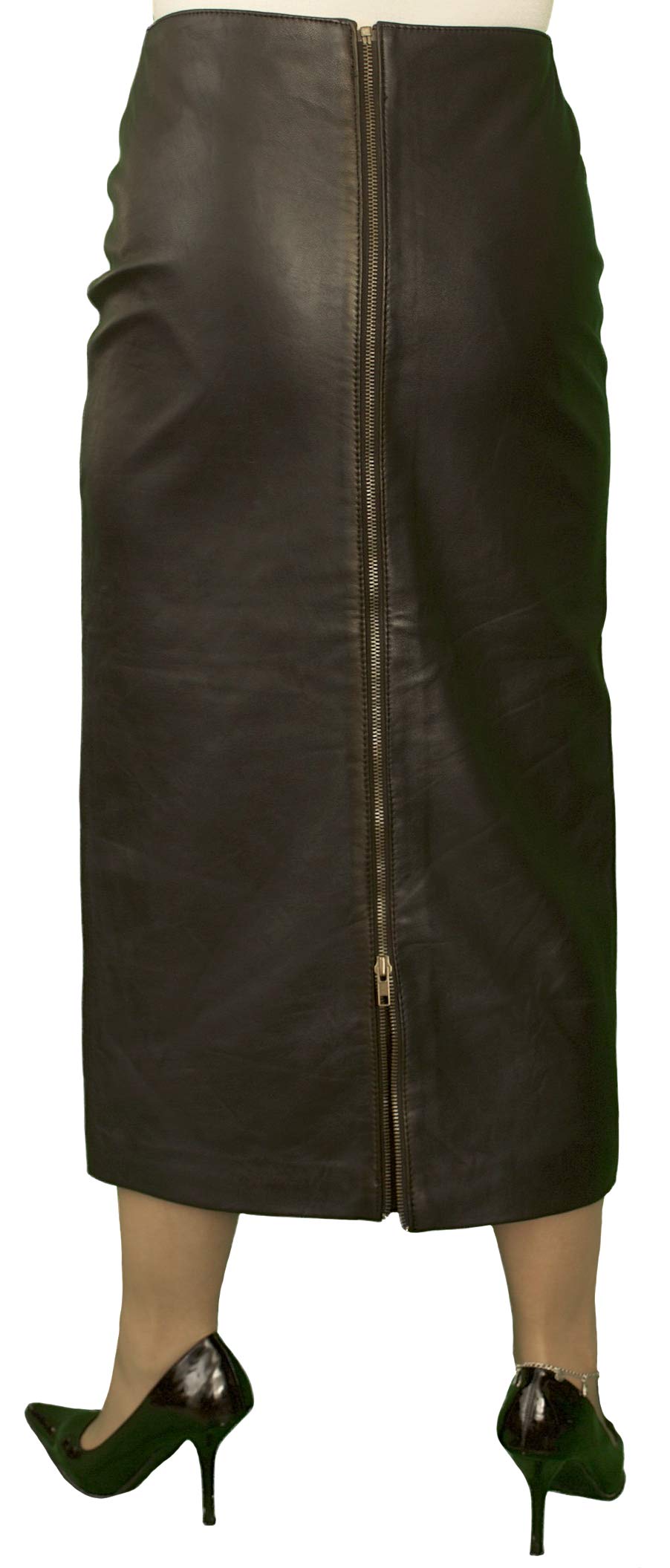 AshwoodTout Ensemble Black Superior Real Lambskin Leather Midi Pencil Skirt, Full Rear Zip, Red Satin Lining (Length 31in)
